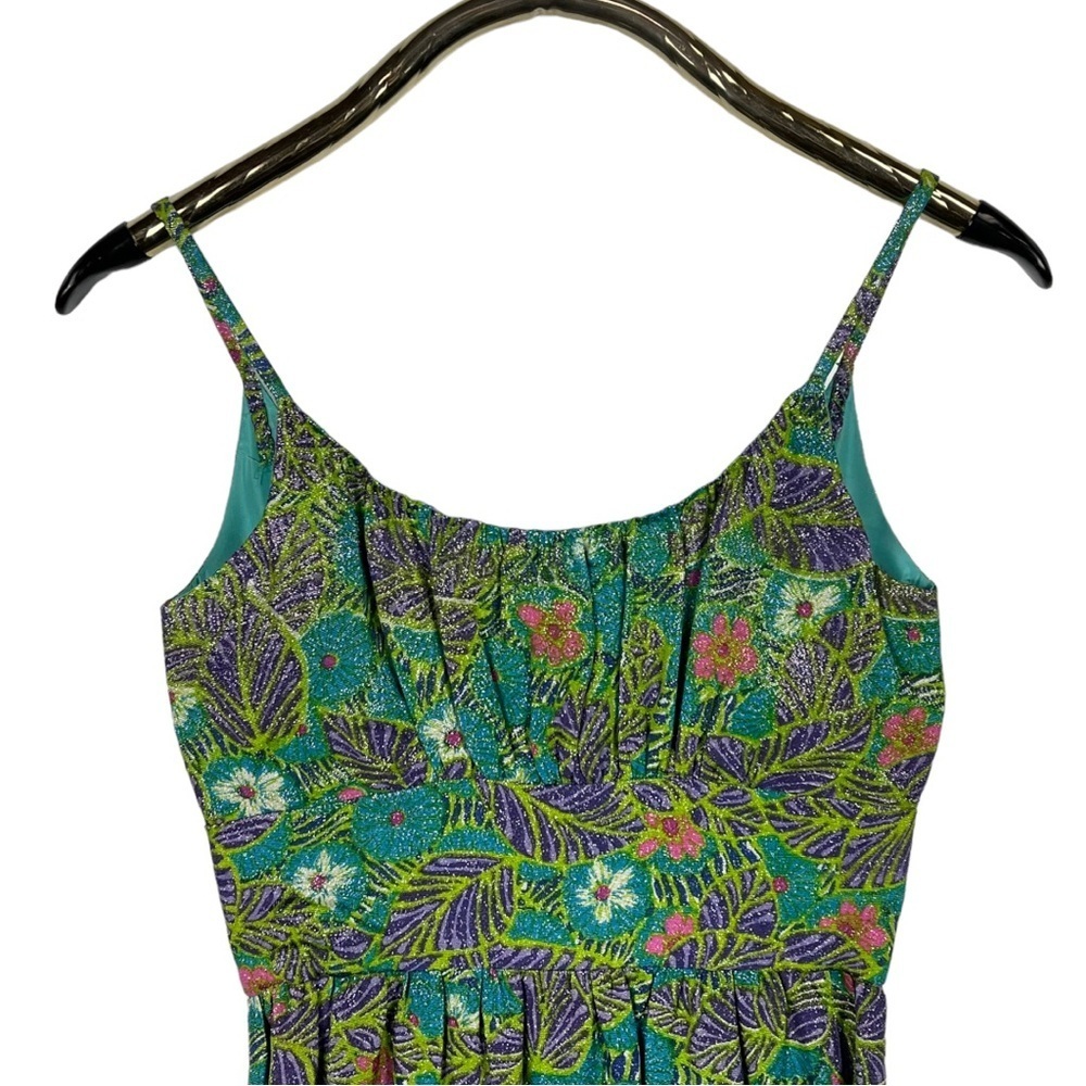 VINTAGE 60S METALLIC FLORAL TROPICAL VACATION SLEEVELESS COLUMN SHEATH DRESS - Picture 5 of 11
